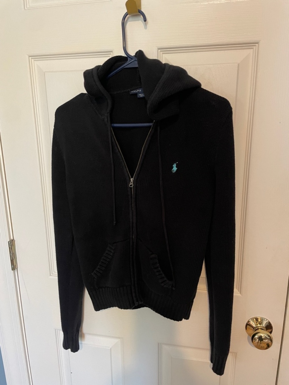 Ralph Lauren Black Hooded Zip Sweater with Teal Pony women’s size medium